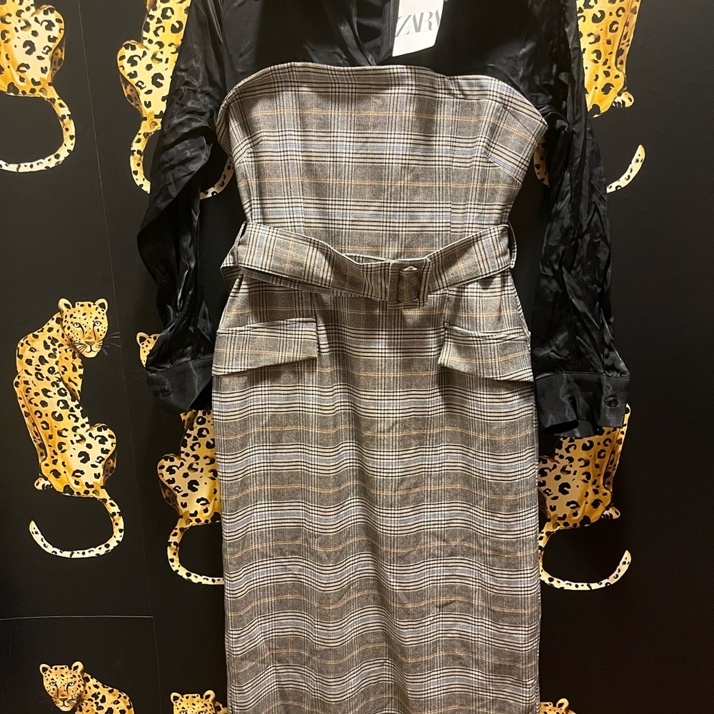 Zara Black and Gray Plaid Long Sleeve Dress
